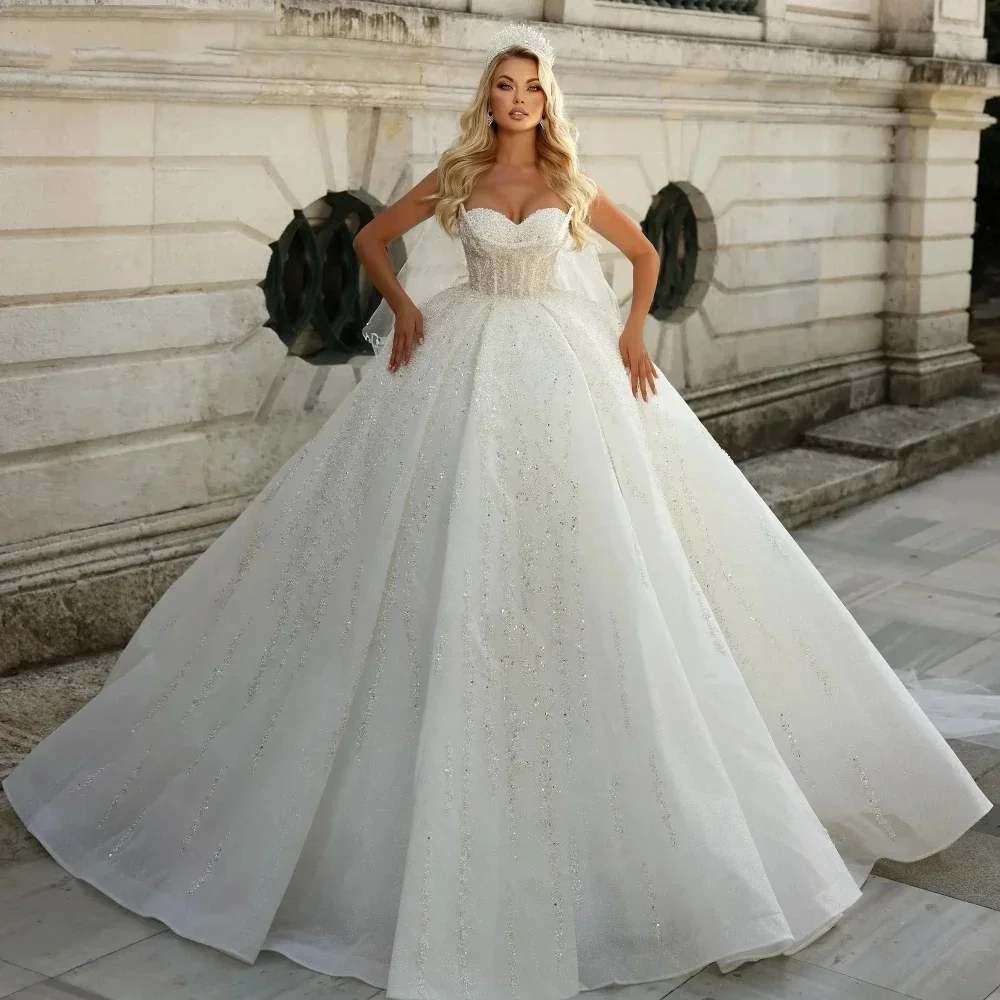 

Luxurious Sparkling A-Line Lace Bead Embroidered Women's Wedding Dress Sexy Sweetheart Bareback Ball Bridal Dress Customized