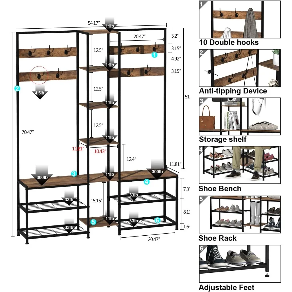 شجرة قاعة المدخل الصناعية الحديثة مع وحدة تخزين الأحذية ورف المعاطف وأرفف العرض للمنزل