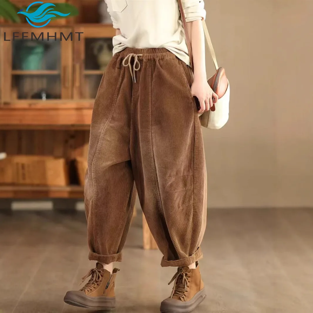 

Женские модные осенне-зимние хлопковые вельветовые повседневные брюки-шаровары в полный рост с эластичной резинкой на талии, белые полосатые брюки в стиле ретро