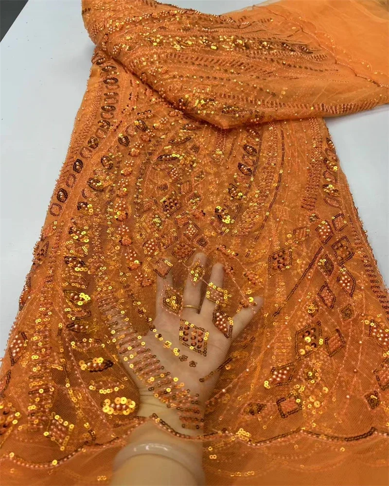 

Elegant French Mesh Beads Embroidery Sequins Lace Fabric African Nigerian Beaded Lace Fabrics For Wedding Dresses Women