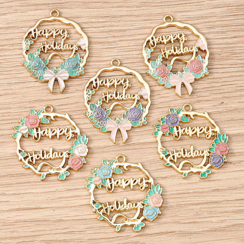 Tusember 10pcs Cute Enamel Floral Happy Holiday Charms Flower Wreath Pendants for Jewelry Making Necklaces Bracelets Craft