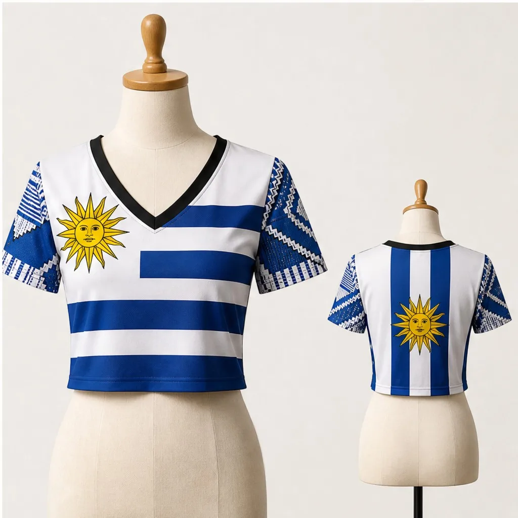 Women Uruguay V Neck Crop Top Sun Stripe Ethnic Print Short Sleeve Summer Street Travel Daily Fashion Tee Modern Hip Outfit Look