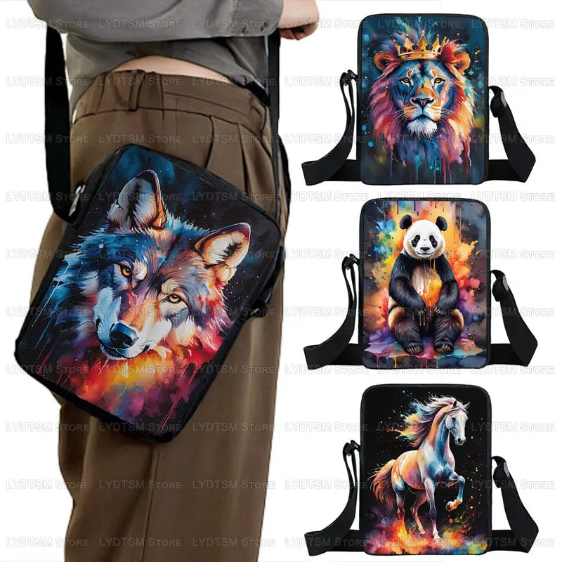 

watercolor animal print shoulder bag paint splashing wolf panda horse dog women handbag phone wallet holder casual crossbody bag