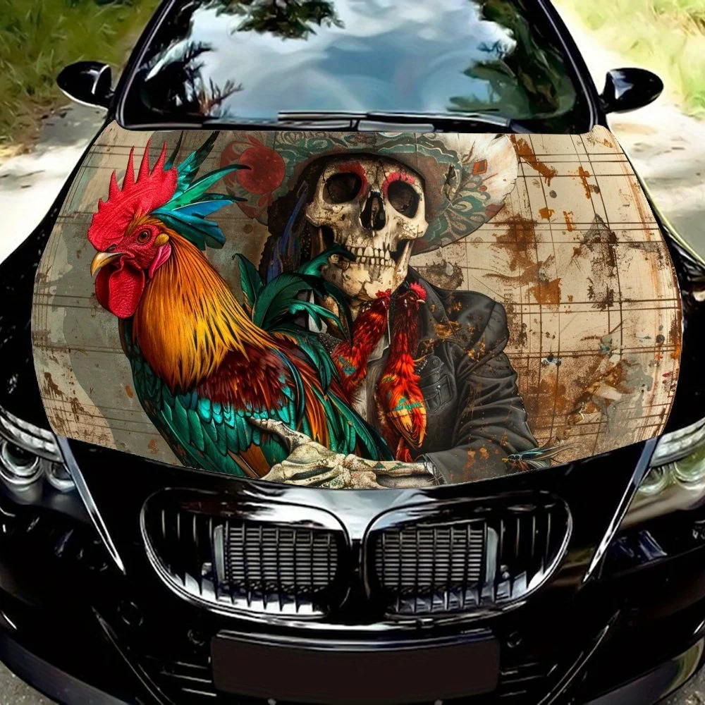 

Retro Style Cowboy Skull and Rooster Car Hood Vinyl Wraps Sticker, Eye-catching Auto Decal, Waterproof Self-adhesive Vehicle Dec
