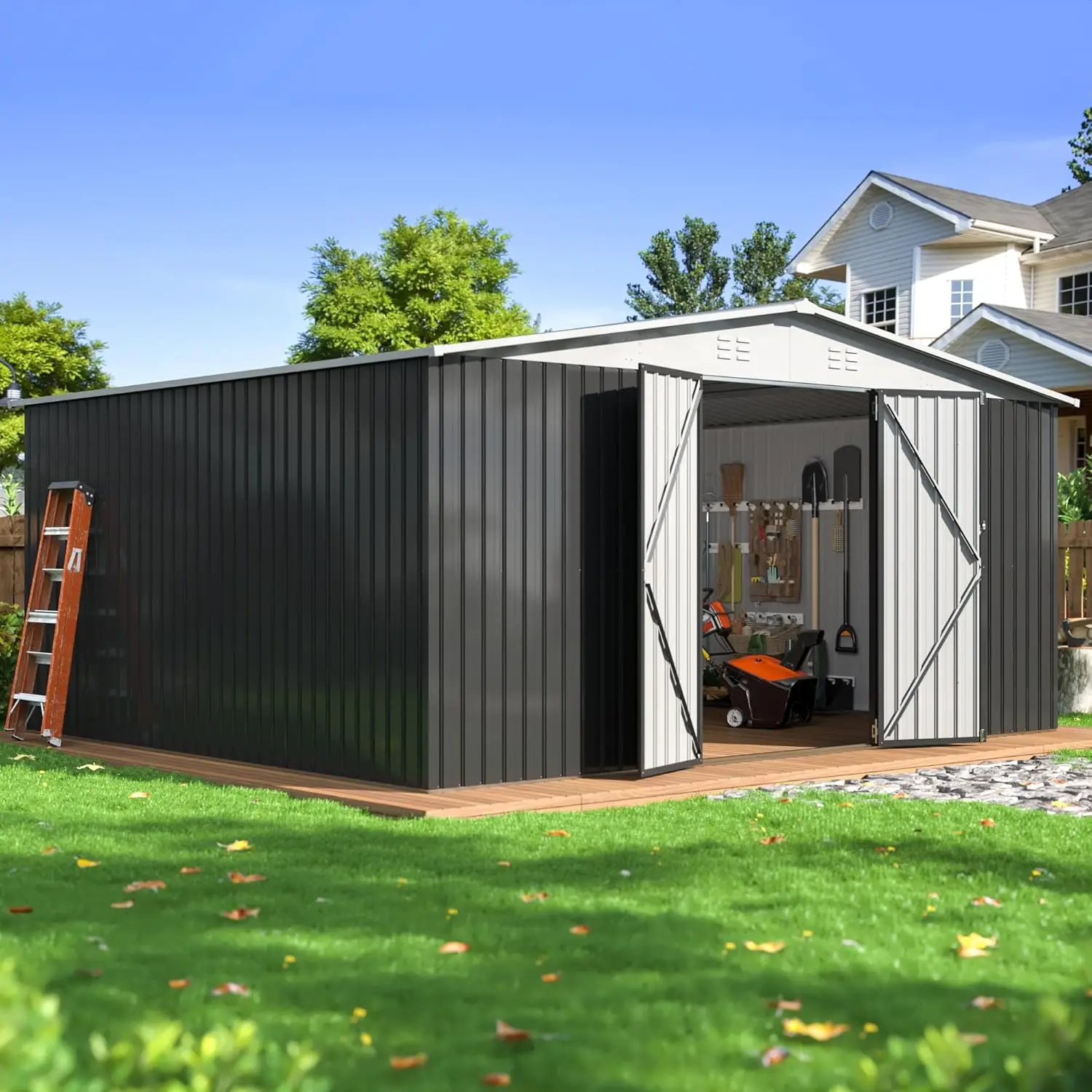

12x14 FT Outdoor Storage Shed Metal Utility Tool with Lockable Doors Updated Frame Backyard Patio Lawn Customized
