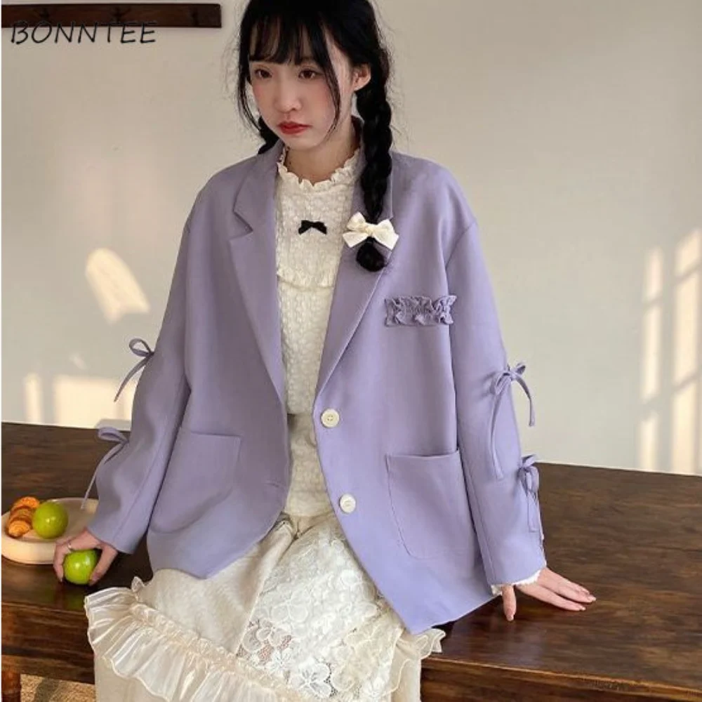 Purple Blazers Women Lace-up Design Lovely Preppy Style Tender Solid All-match Baggy Mujer Dating Notched Ladies Outwear Korean