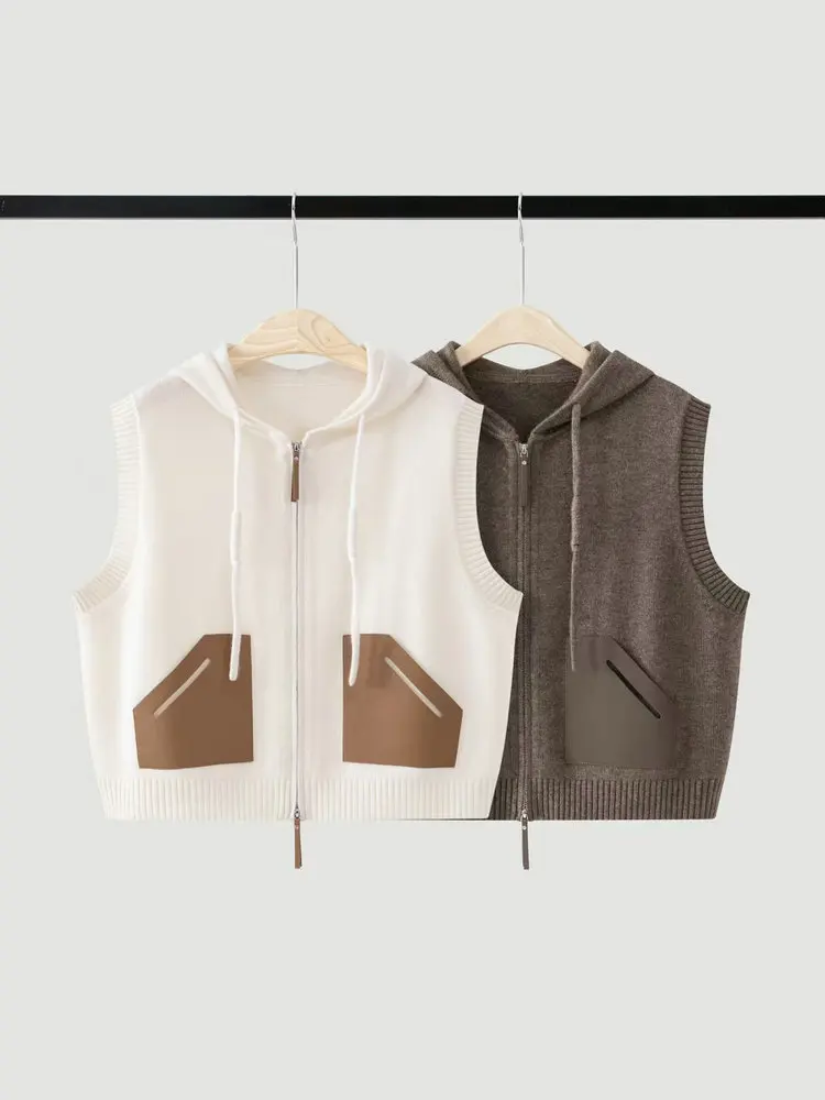 2026Autumn/Winter Women's Hooded Wool-Cashmere Blend Knit Zip-Up Vest
