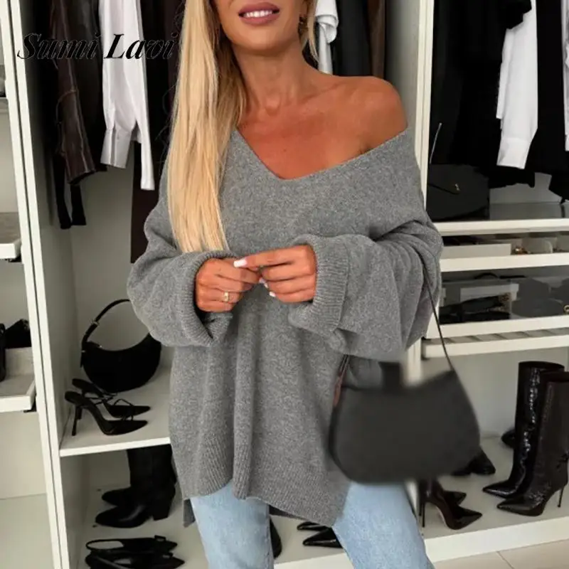 Fashion Solid Color Loose Jumper Elegant V-neck Side Split Pullover Sweater 2024 Women Casaul Long Sleeve Irregular Knitted Tops