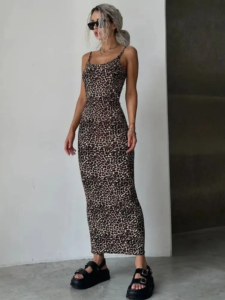 Sleeveless Spaghetti Strap Midi Boho Dress Leopard Prints Bodycon Dresses Robe Tights Package Hip Vestido Faldas Sexy Streetwear