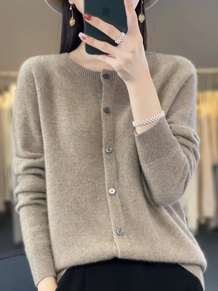 

Aliselect New Fashion Women Clothing 100% Merino Wool Sweater O-Neck Long Sleeve Spring Autumn Winter Cardigan Knitwears Tops