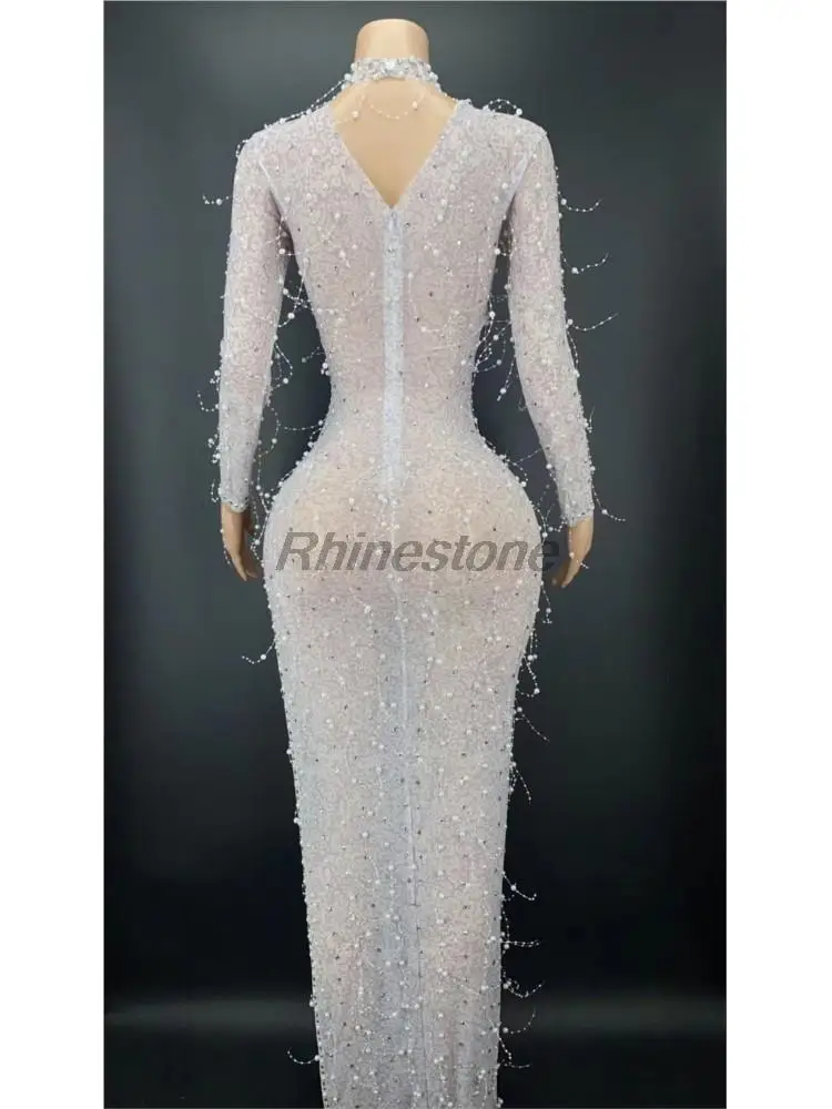 Customized Sexy Silver Rhinestone Sequins Long Sleeves Transparent Dress Evening Birthday Costume Women Dancer Show Outfit