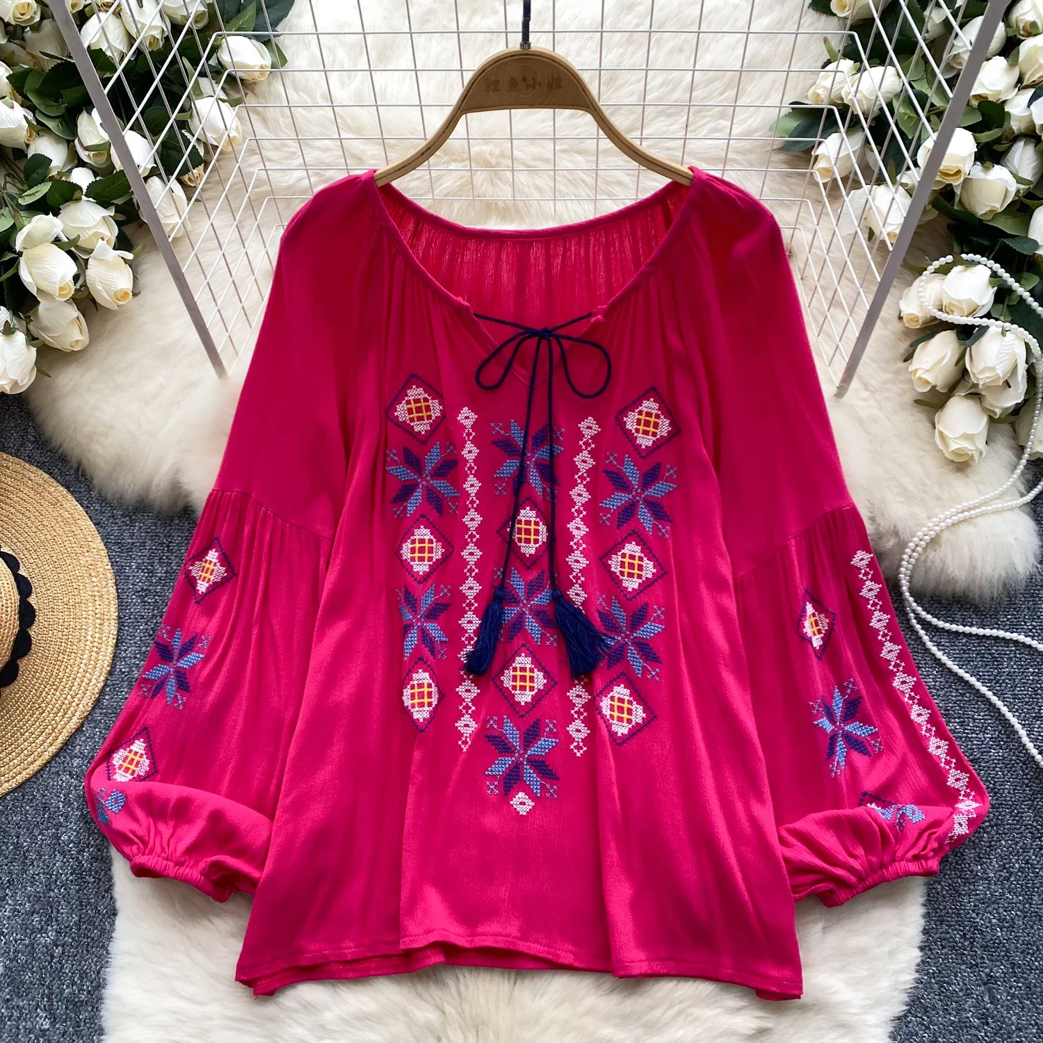 Vintage Elegant Embroidery Lantern Sleeve Blouse Fashion O-neck  Shirt  Casual Chic Top Fairy  Summer Women