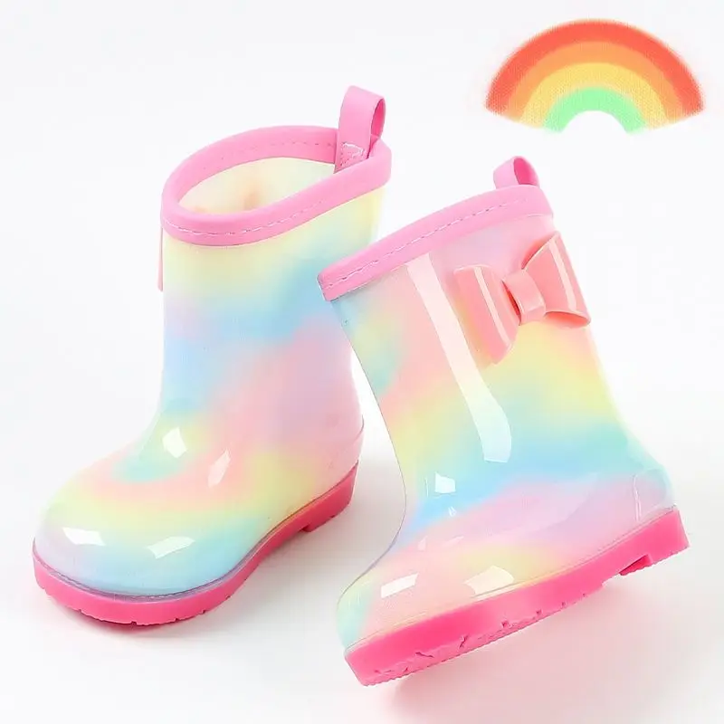 Disney Children\'s rain shoes Baby girls kindergarten non-slip princess water boots plus fleece children cute rainbow water shoes