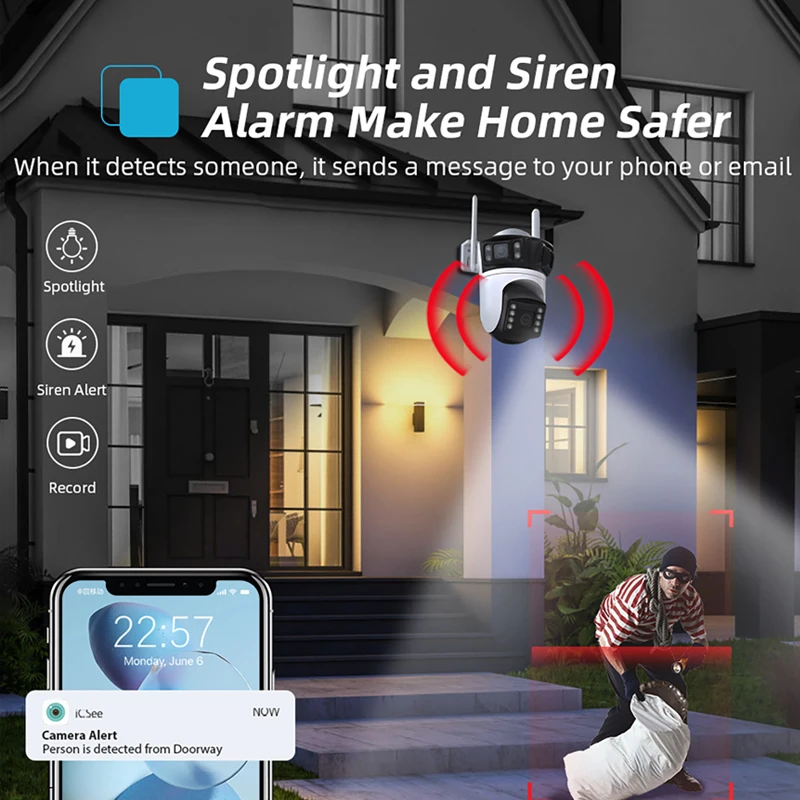 12MP WiFi IP Camera Outdoor Triple Lens Three Screen Security PTZ Surveillanc Camera AI Human Tracking CCTV Cam ICESS APP