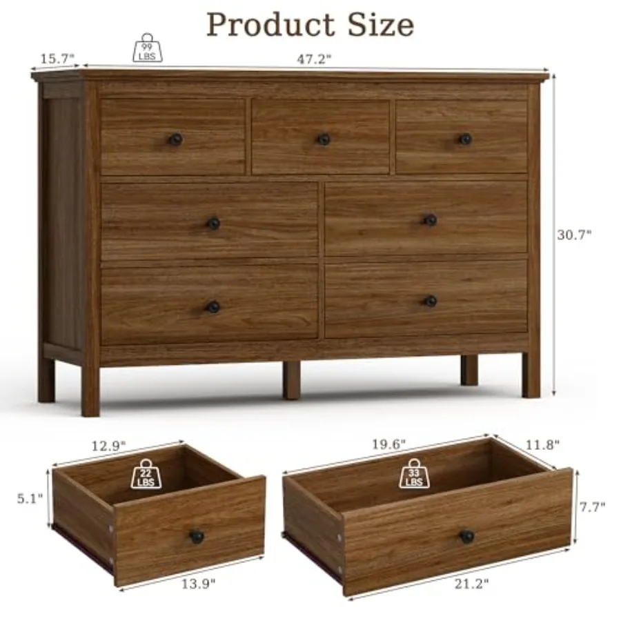 47 Dresser for Bedroom with 7 Drawer Metal Handles, engineered wood, matte white, soft-close mechanism and smooth-gliding drawe