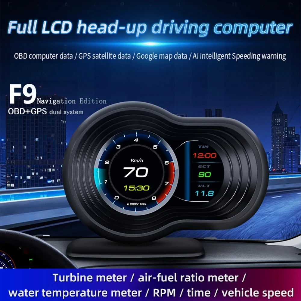 

F9 HUD GPS OBD2 Head Up Display car gauge navigation Digital Speedometer Projector Turbo Oil Temp car computer Head Up Display