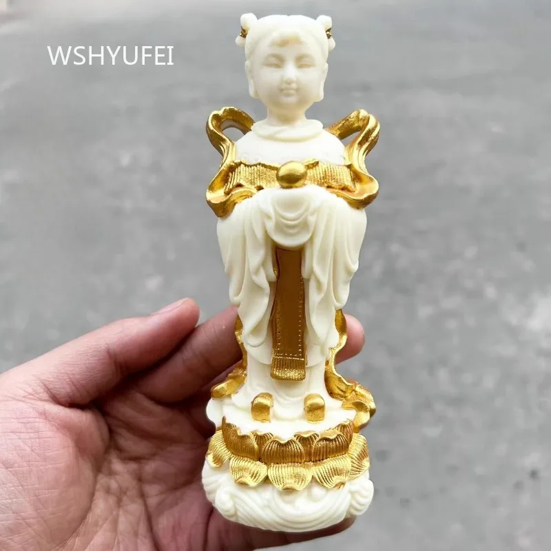 Ivory Fruit Golden Boy and Jade Girl Ornament Chinese Character Carving Crafts Buddha Hall Guanyin Waiter Statue Home Decor