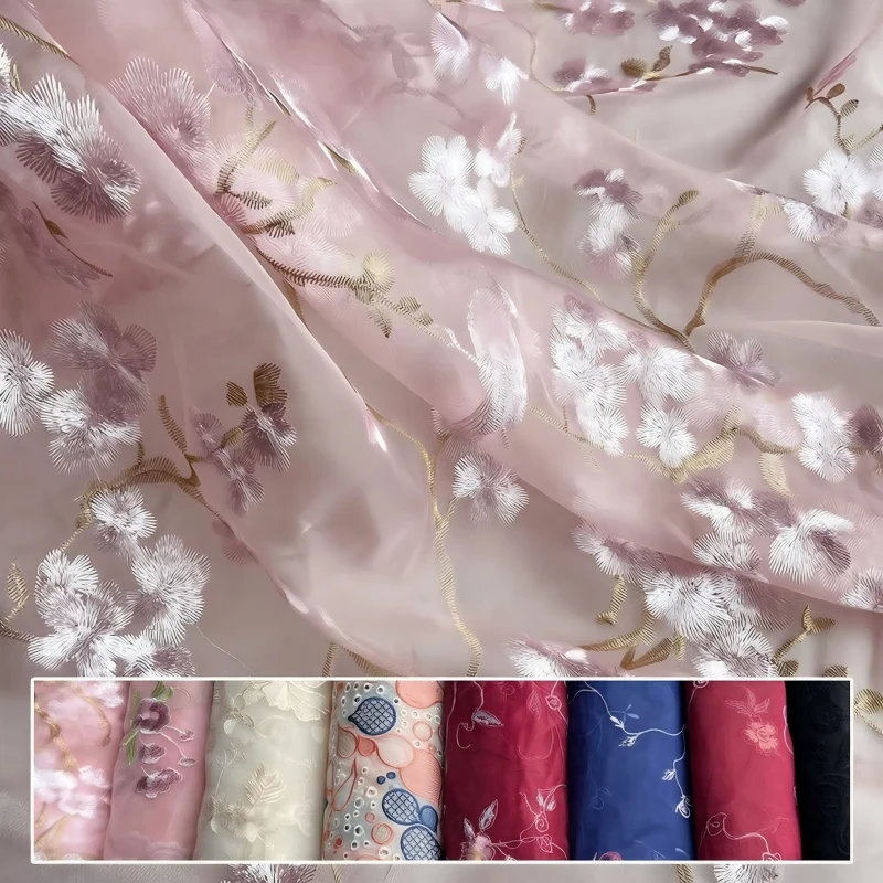 Mulberry Silk Organza Fabric Floral Embroidery Silk Voile Material for Chinese Style Qipao Hanfu Horse Face Skirt Sewing Fabric
