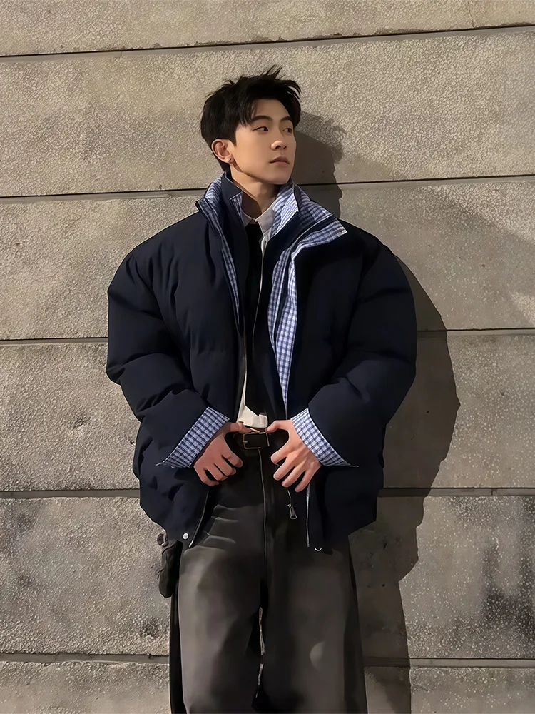 

Men's Thiened Fce Lined down Cotton Jaet k Blue American Sle Winter Coat Youth Loose Fit Long Sve Zipper