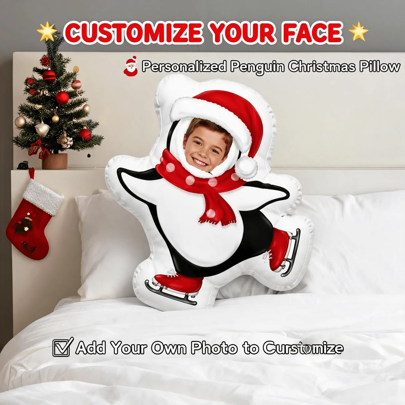 Custom Photo Shaped Pillow, Personalized Face in Holiday Penguin Costume Decorative Cushion, Unique Home Decor Accent for Sofa &