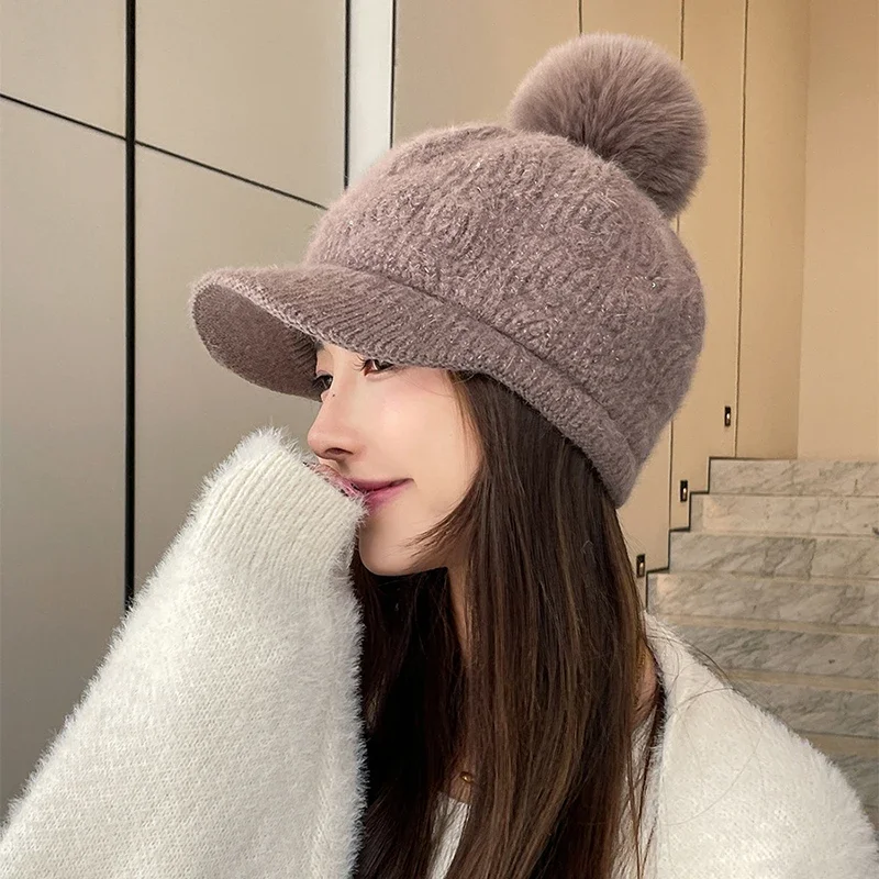 Winter Imitation Rabbit Fur Baseball Cap Korean Style Simple Thick Warm Knitted Hat Lady Winter Autumn Fur Pompom Ball Hat kpop