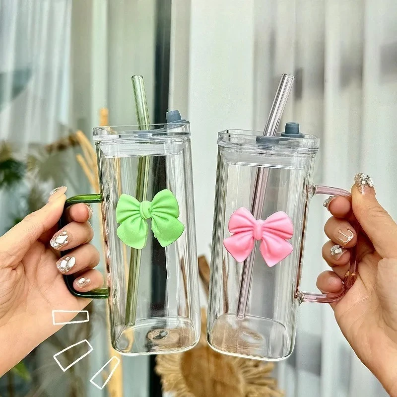 

350ml with Straw Square Mug with Lids and Straws with Bow Water Cup Household Cup Female Girl Milk Coffee Cups Gift Water Bottle