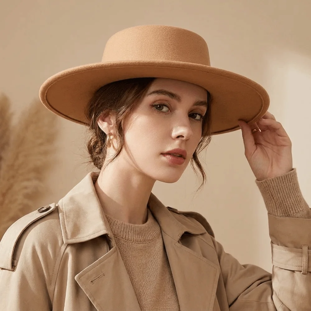 Solid Color Hepburn Style Bucket Hat British Style Flat Top Wide Brim Felt Hat Fedora Hat Photography Decoration Women Jazz Hat
