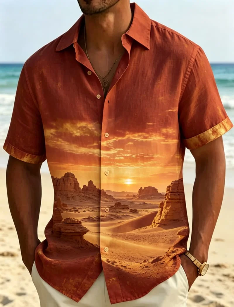 Landscape Natural Printed Short Sleeved Shirt For men's Casual Cardigan top, With A Peaceful And Natural Charm For Daily Wear