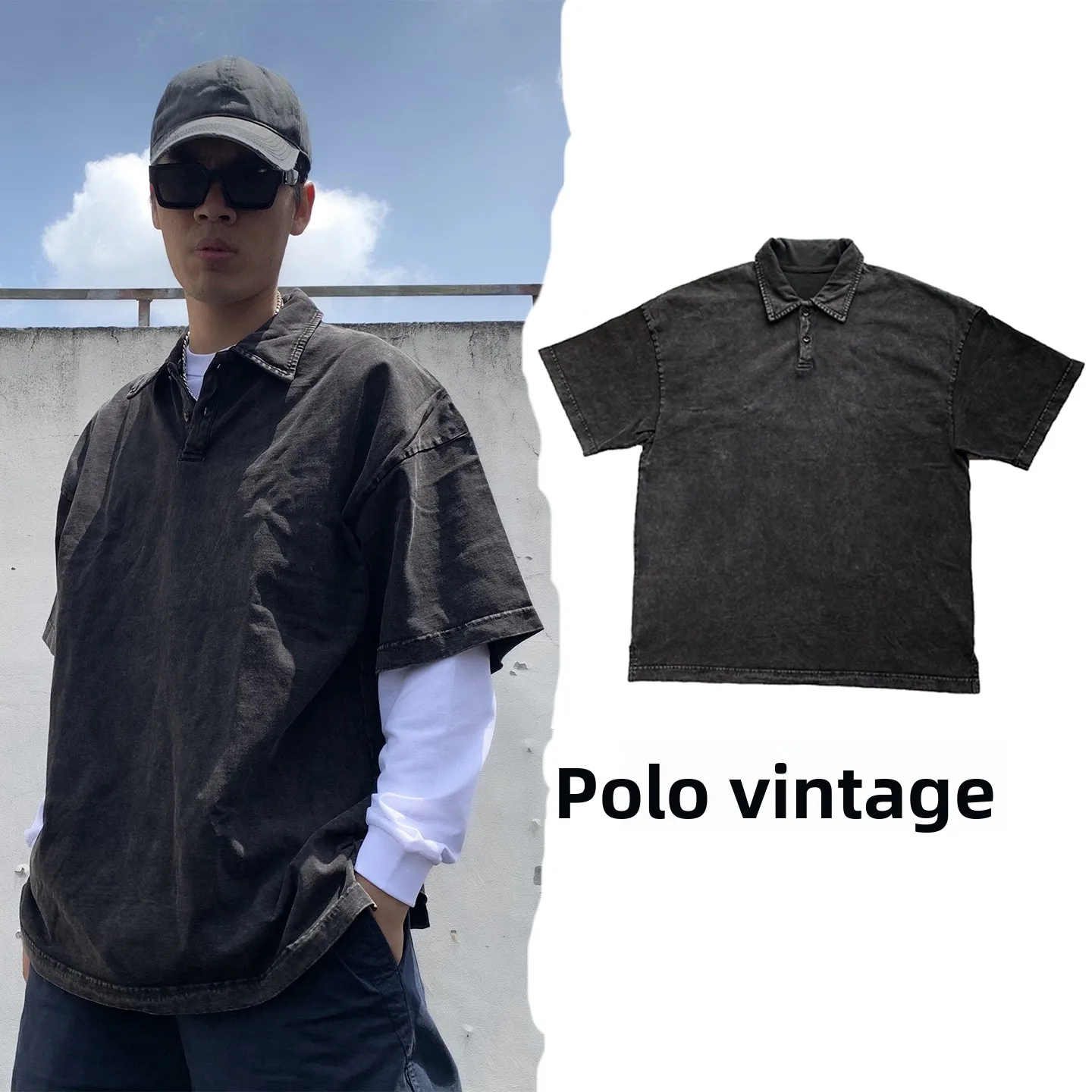 Camiseta  de Algodón Lavado 318G, Manga Corta, Cuello Camisero, Estilo Americano, Streetwear, Costa Oeste, Color Sólido, ...