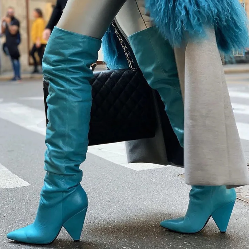 Spike Heels Over The Knee Boots Pointed Toe Loose Wrinkles Booties Runway Classic Women Fashion Cool Casual Shoes Autumn Spring