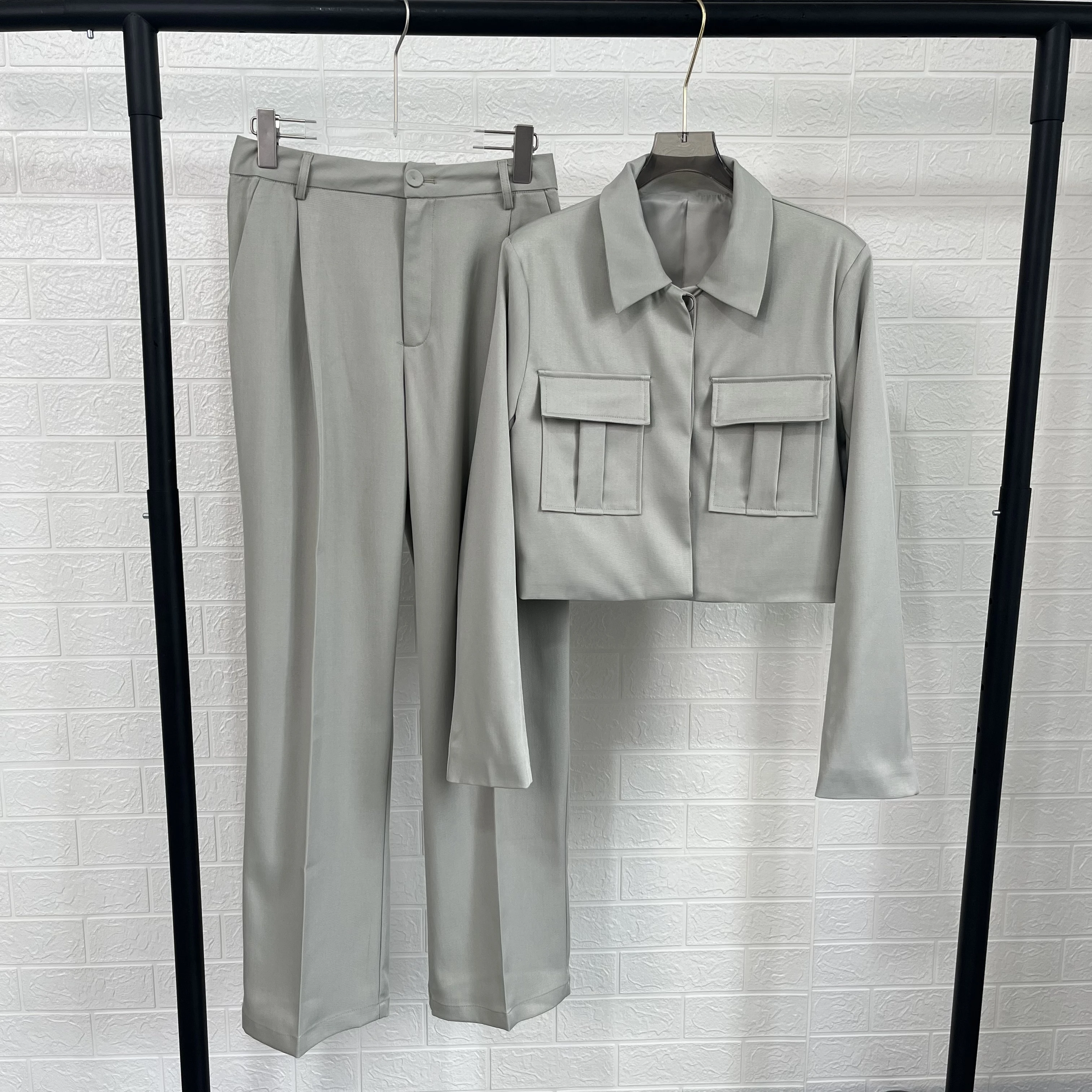 

Cos Lris women's 2024 autumn casual lapel long sleeved pocket decoration short jacket/high waisted straight leg pants set