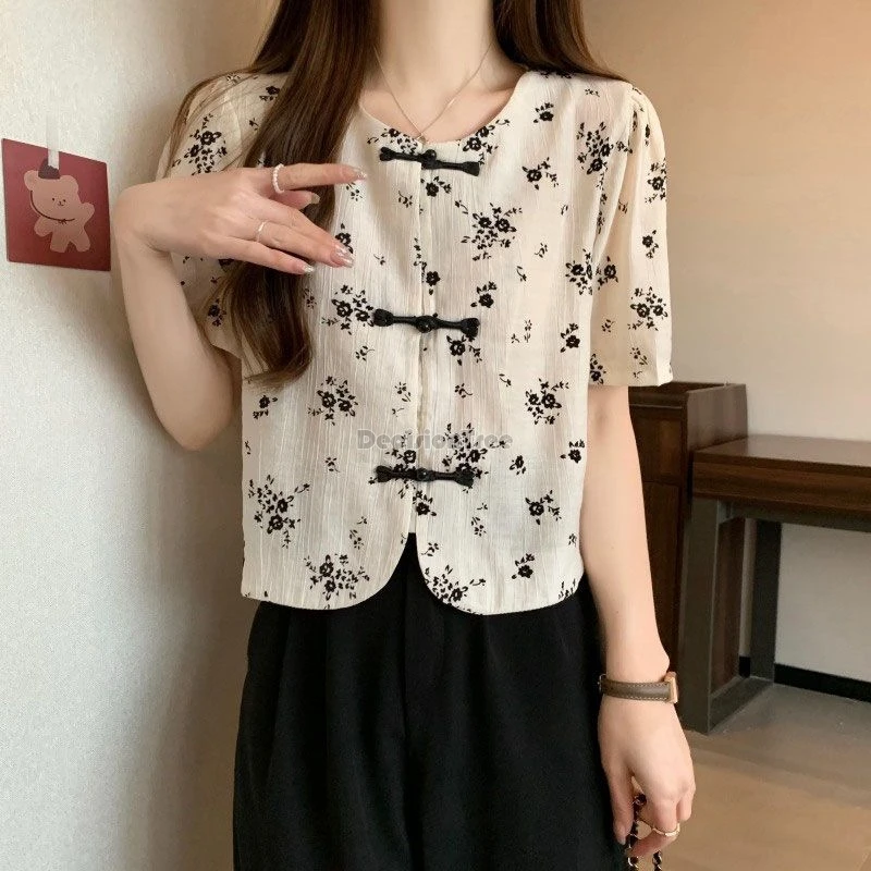 2024 chinese style exquisite floral printing chiffon top graceful temperament tang suit top big size loose leisure lady blouse