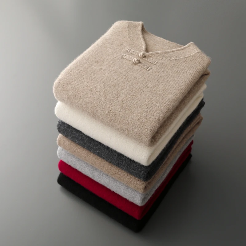 

Осень и зима, новый китайский стиль, 100% шерсть, мужской воротник-стойка с пряжкой, утолщенный теплый мужской шерстяной вязаный пуловер, свитер