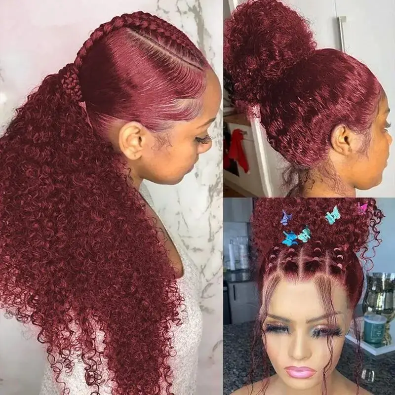 Soft 26Inch Burgundy Glueless Long Kinky Curly 180Density Lace Front Wig For Women BabyHair Heat Resistant Preplucked Synthetic