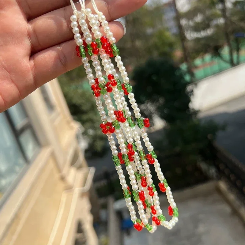 Stylish Cherry Beaded Phone Charm Chain Imitation Pearl for IPhone Accessories for Women Girl Jewelry Strap Lanyard Hanging Cord