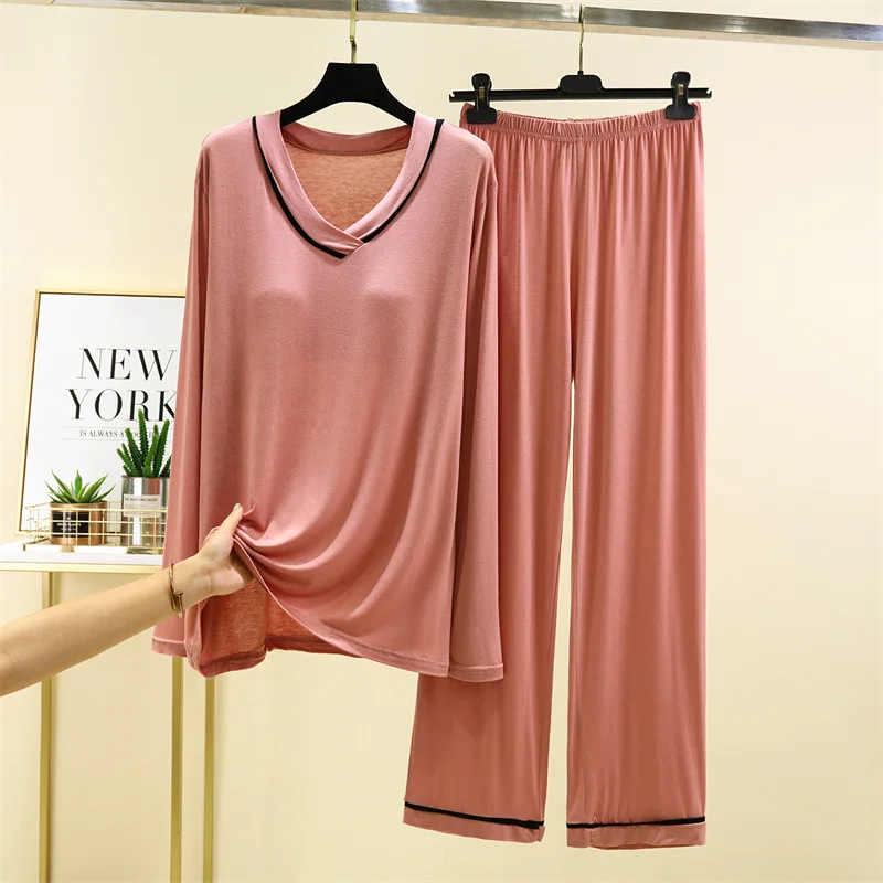 Pijamas de Modal para mujer, ropa de dormir de manga larga, traje de dos piezas, conjuntos de pantalones superiores de color sólido, ropa de