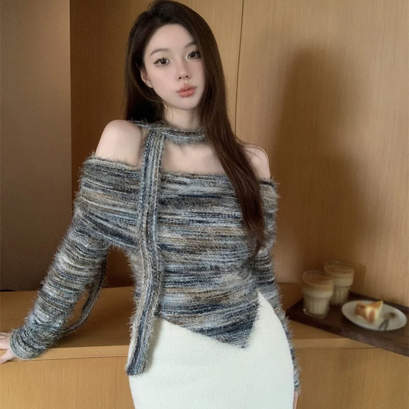 Women Stripe One Shoulder Knitted Sweater New Autumn Winter Spicy Girl Off The Shoulder Slim Fit Top