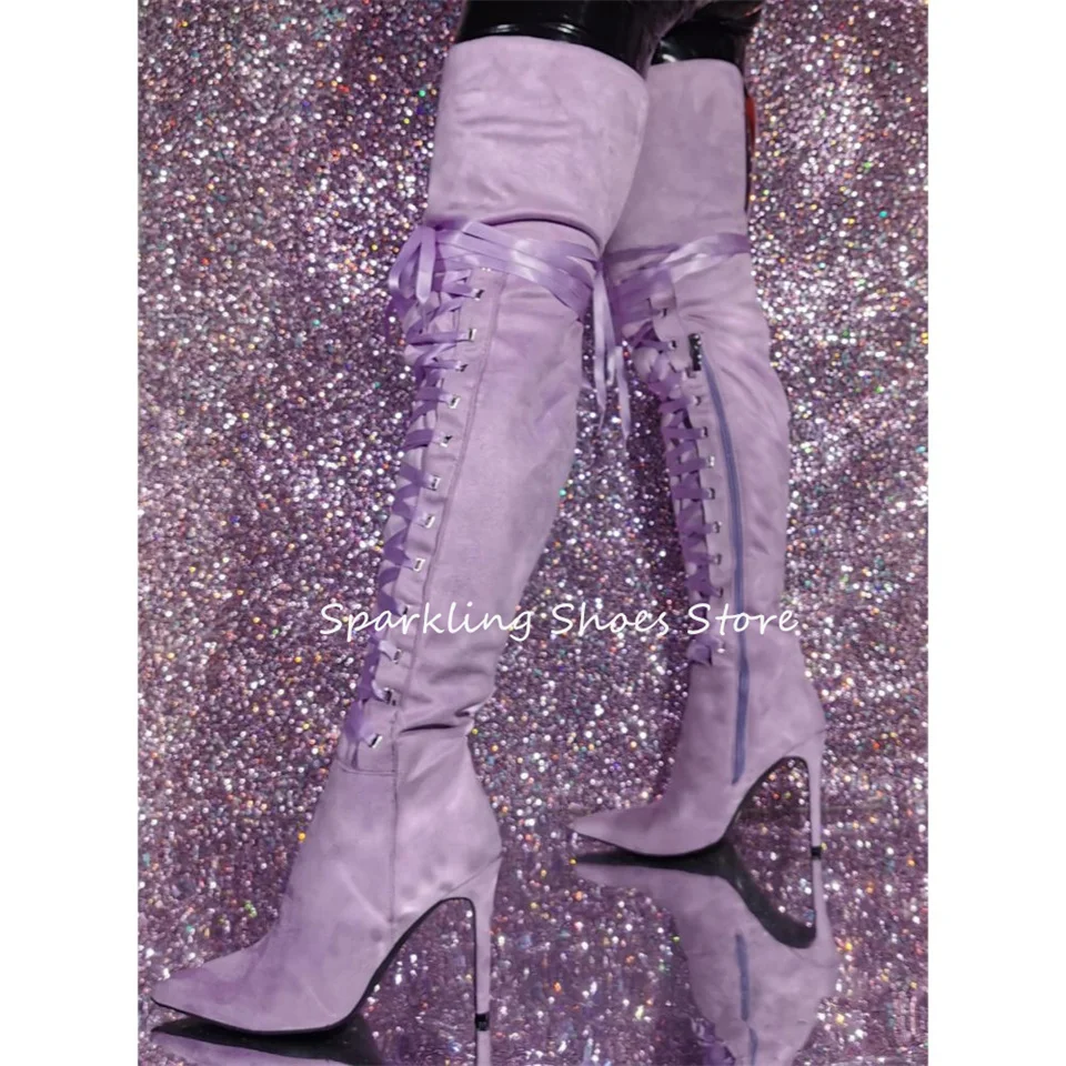 Sexy Lace-Up Over-The-Knee Women Long Boots Pointed Toe Hight Heel Trouser Legs Boots Ladies Cross Tied Party Dress Shoes