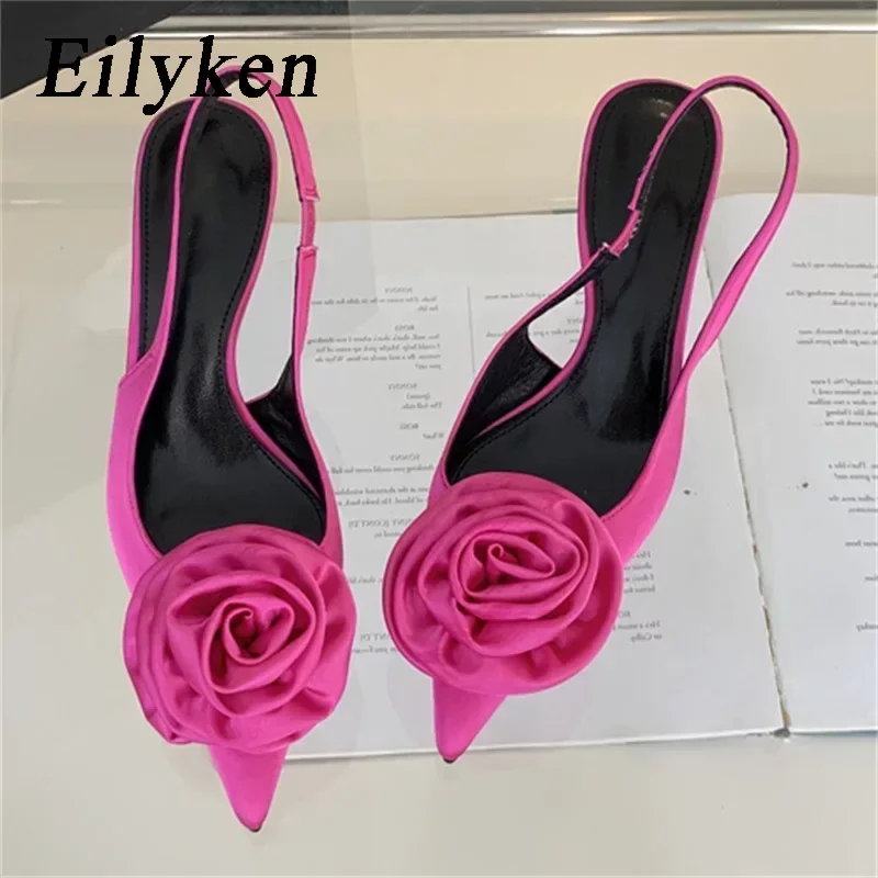 Eilyken Satin Slingback Women Pumps Sexy Design Flowers Pointed Toe Thin High Heels Banquet Wedding Mule Ladies Shoes