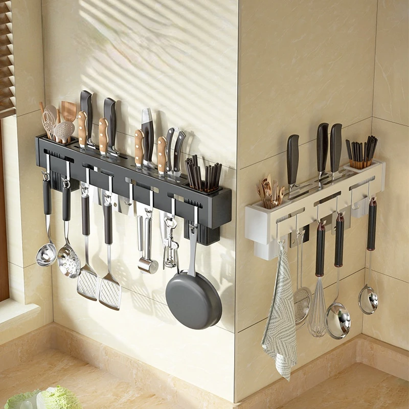 

Wall-mounted Kitchen Storage Rack Knife Spoon Hanging Holder Chopsticks Rack Free Punching Organizer Kitchen Gadgets Accessories