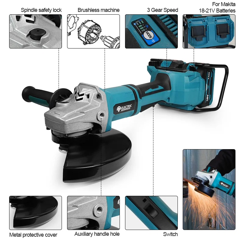 EG 180 mm bürstenloser großer Winkelschleifer, batteriebetrieben, 3 Gänge, kabellose Schleifmaschine, Schneiden, Holzbearbeitungswerkzeug für Makita 18 V