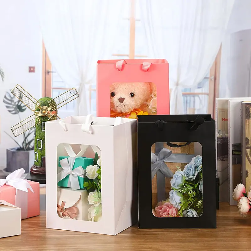 5/10Pcs Kraft Paper Gift Bags with Transparent Window, Kraft Shopping Bags with Handles for Present, Festivals Party