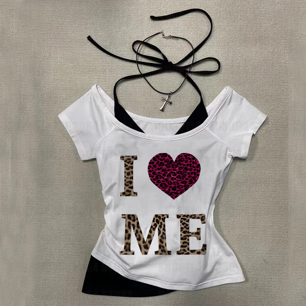 

Футболка Harajuku с принтом I LOVE ME, женская уличная одежда, обтягивающие укороченные топы с короткими рукавами, летняя одежда Y2K, детские футболки EMO, короткие топы для девочек