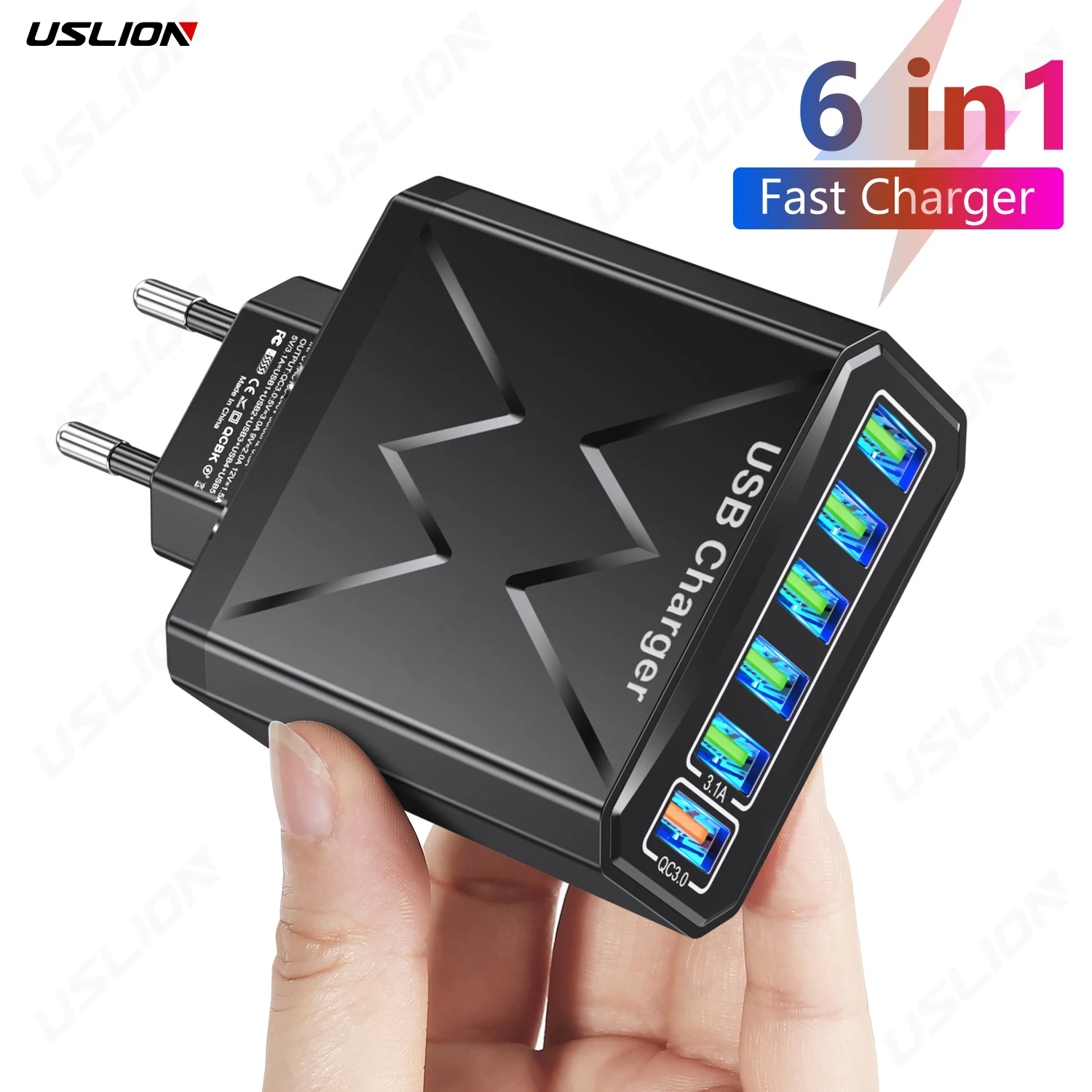 USLION Quick Charge 3.0 USB Charger Travel Wall Fast Charging Adapter For Xiaomi mi 13 Samsung Huawei Tablet Mobile Phone 6 IN 1