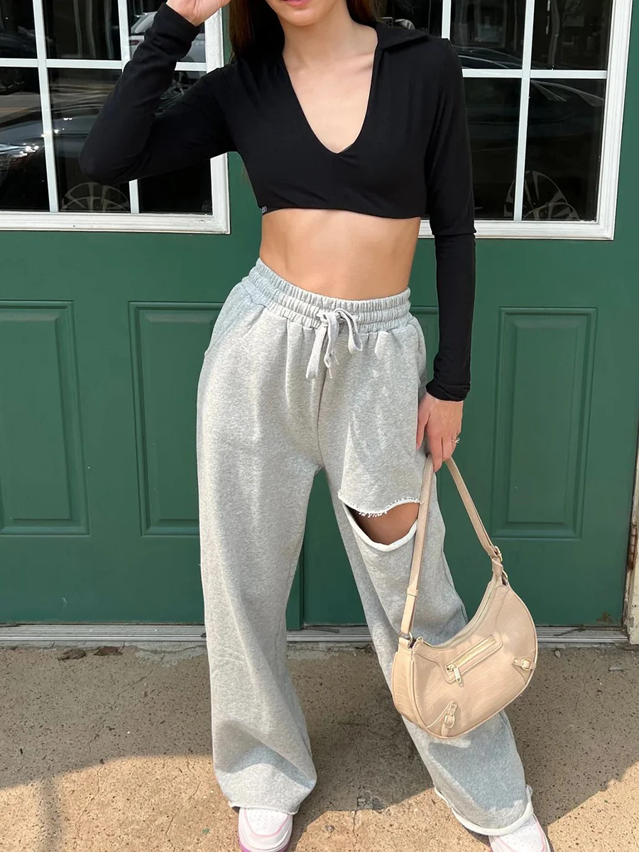 

2024New Hole Raw Trim Drawstring Sweatpants Woman Autumn Cotton Loose Straight Trousers Gray Simple Retro Fashion Long Pants Y2k