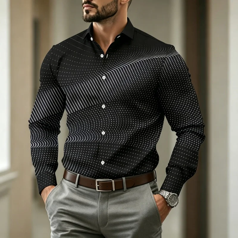 

Men's shirt with polka dot stripe gradient printed long sleeved shirt, high-end design, trendy men's business casual shirt