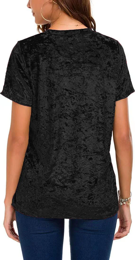 Damen-T-Shirt aus Crushed-Samt in Übergröße, kurzärmelig, Rundhalsausschnitt, lässiges, lockeres Oberteil – Detail 12
