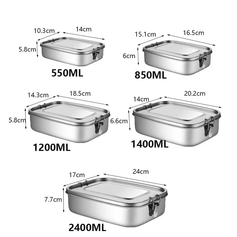 Rectangular 304 Stainless Steel Lunch Box Separated Removable Partitions Food Container with Sealing Strip Leakproof #6