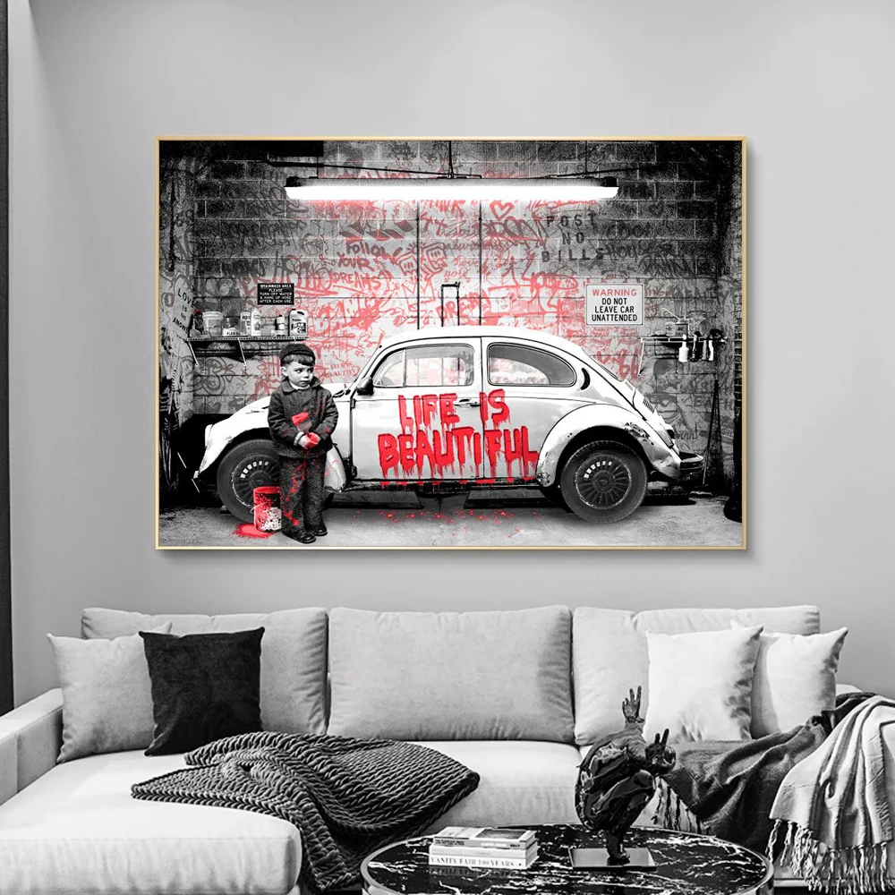 

Street Graffiti Boy Car Life Is Beautiful Wall Art Poster Modern Abstract Home Decoration Canvas Painting Prints Artwork Mural