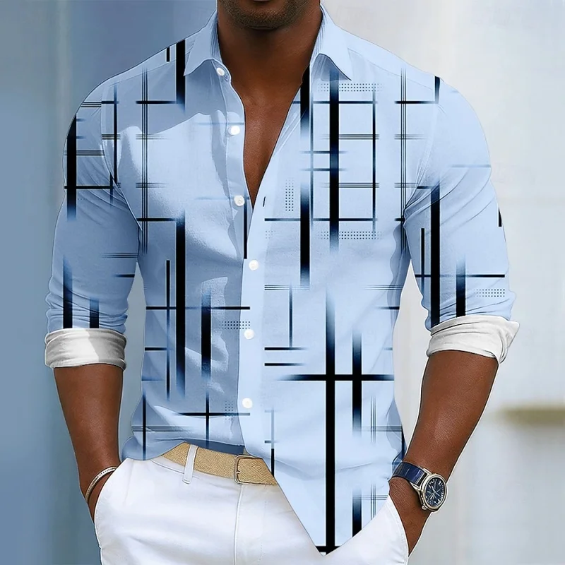 2026 New Men's Shirt Solid Color Irregular Geometric Line Printed Men's Long Sleeve Shirt Collar Loose Trendy Casual Men's Shirt